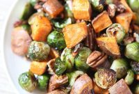 Pecan Dusted Roasted Sweet Potato and Brussels Sprout Medley
