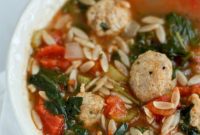 Comforting Italian Orzo Soup with Savory Sausage Meatballs, Spinach, and Juicy Tomatoes