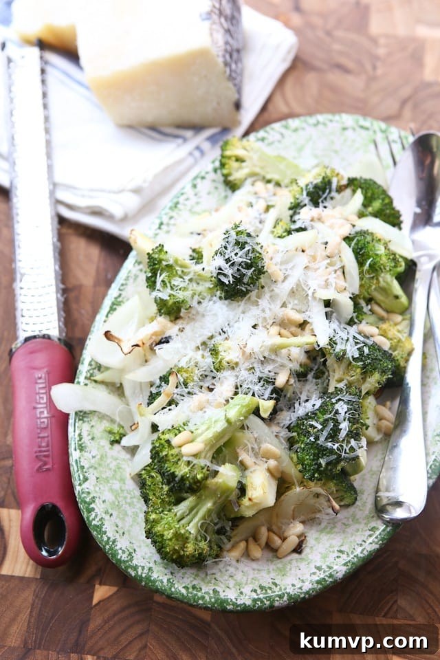 Delicious Grilled Broccoli and Sweet Vidalia Onion with Toasted Pine Nuts and Freshly Grated Parmesan Cheese