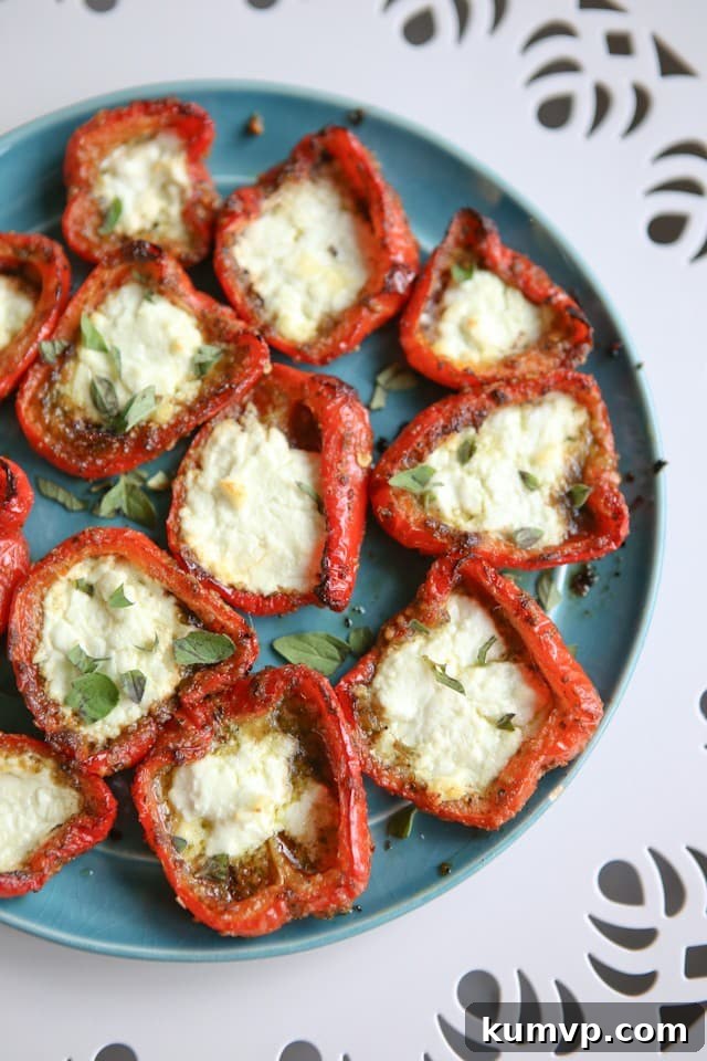 Roasted Red Peppers with Pesto and Goat Cheese served on a blue plate, highlighting their vibrant color and fresh herbs.