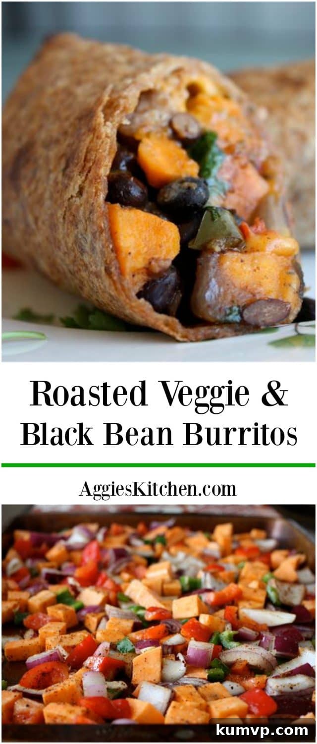 A vibrant collage of delicious, savory sweet Roasted Veggie and Black Bean Burritos, highlighting their appeal as a satisfying vegetarian meal even for meat lovers. Perfect for healthy eating inspiration.