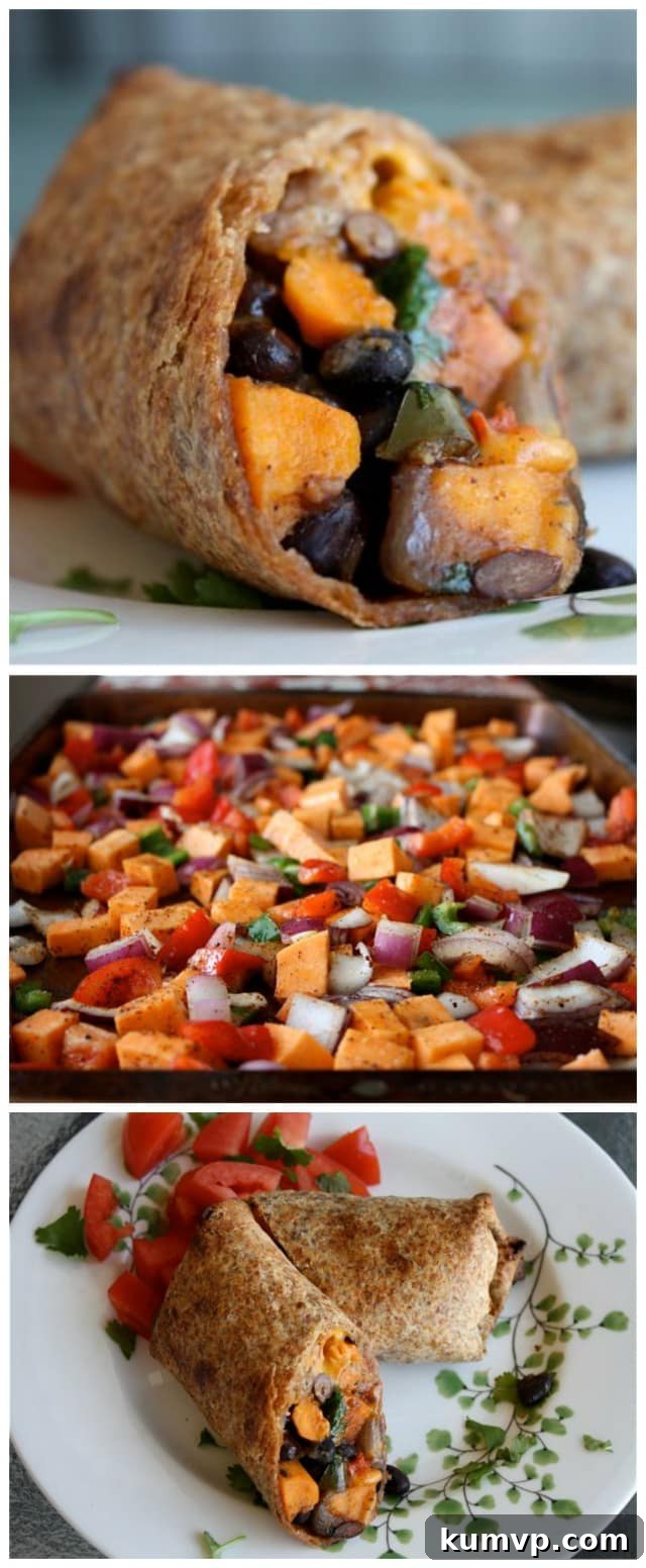 An inviting image of amazing Roasted Veggie and Black Bean Burritos, bursting with flavor and showcasing their healthy, filling nature. This vegetarian Mexican dish is so good, you won't miss the meat.