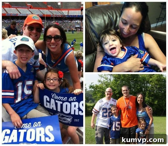 Your Game Day Playbook: 50 Healthy Recipes 2 A vintage collage of University of Florida Gator football moments and Goodman family memories, highlighting the deep-rooted tradition of college football.