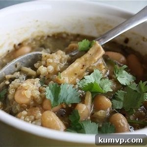 A hearty bowl of Bush’s White Bean Chile Verde with Sonoma Pesto, ready to be enjoyed.
