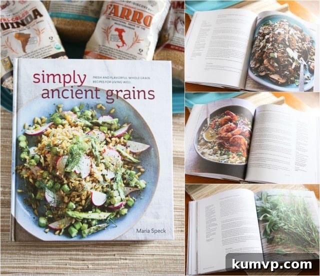 The cover of 'Simply Ancient Grains' cookbook by Maria Speck, showcasing its elegant design and hinting at the wholesome recipes within.