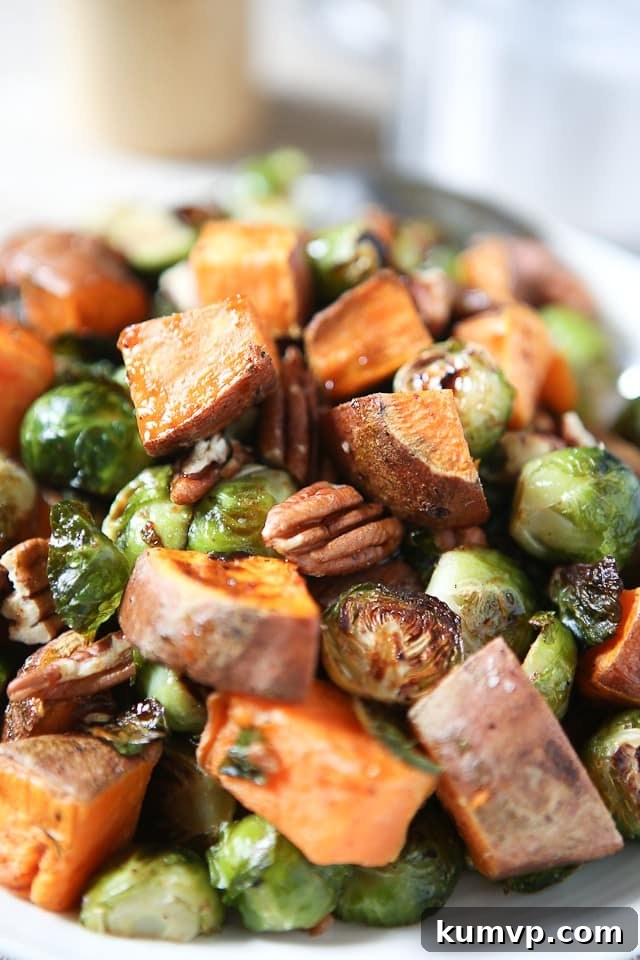 Delicious Roasted Sweet Potatoes and Brussels Sprouts with Pecans Another close-up of the finished dish, showcasing the golden-brown roasted sweet potatoes, caramelized Brussels sprouts, and crunchy pecans, all coated in the flavorful glaze