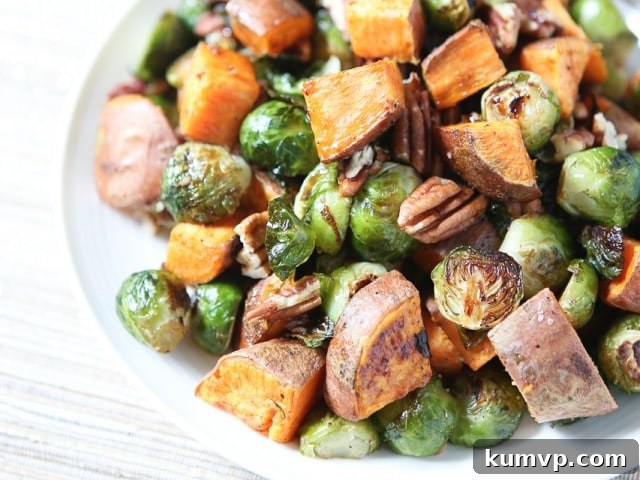 A Culinary Partnership with Fisher Nuts A beautifully composed flat lay of the roasted sweet potatoes, Brussels sprouts, and pecans, highlighting the fresh, wholesome ingredients and the delightful presentation