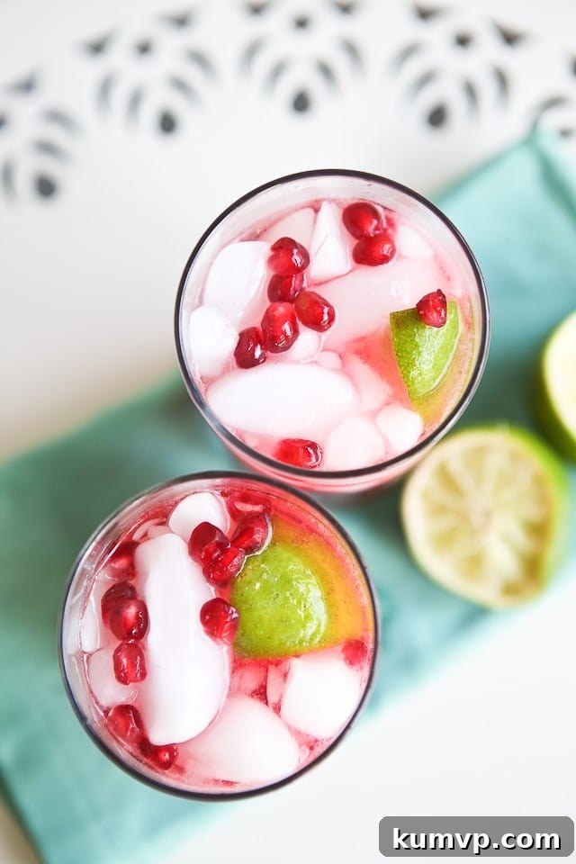 pomegranate cocktails A festive way to bring in the holidays is with seasonal pomegranate cocktails! Pomegranate, lime and rum - shaken not stirred! Cheers!