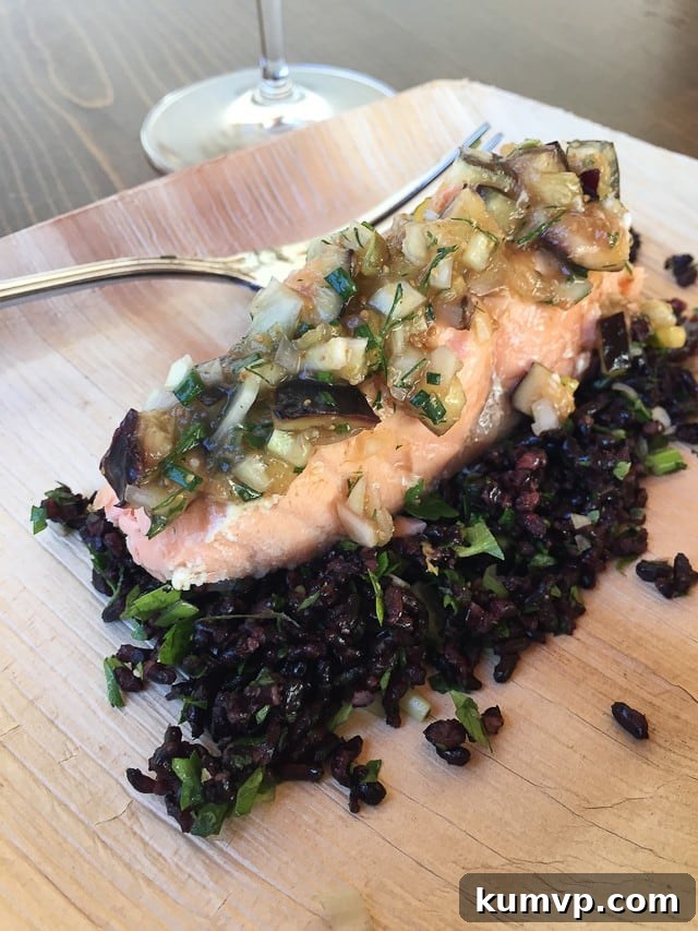 Roasted Salmon with Fig-Fennel Relish Herb Filled Forbidden Rice prepared by Pascale Beale