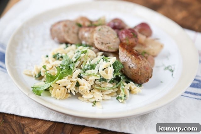 Tangy Goat Cheese and Peppery Arugula Orzo 4 A vibrant bowl of Orzo with Goat Cheese and Arugula, garnished with fresh herbs, ready to be served as a delightful and easy side dish for any occasion.