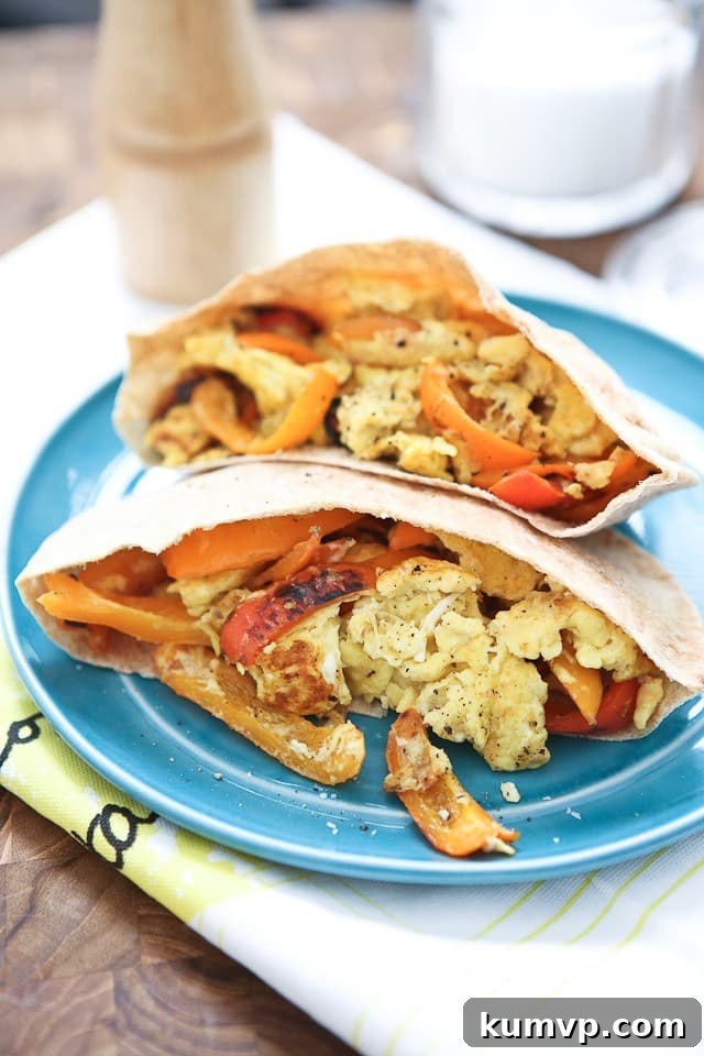 Savory Egg and Pepper Pita Pockets 2 Simply sauteed bell peppers scrambled with eggs and mozzarella cheese. Stuff in a pita and you have breakfast, lunch or dinner!