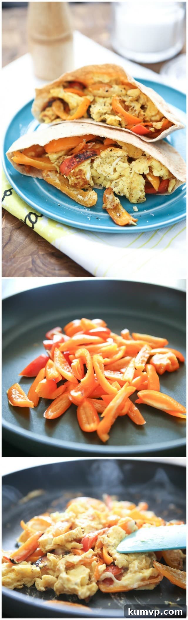 Simply sauteed bell peppers scrambled with eggs and mozzarella cheese. Stuff in a pita and you have breakfast, lunch or dinner!