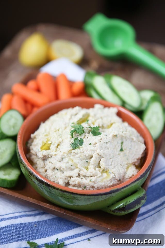 A bowl of Lemony Artichoke Hummus garnished with fresh parsley and a drizzle of olive oil, ready to be served.