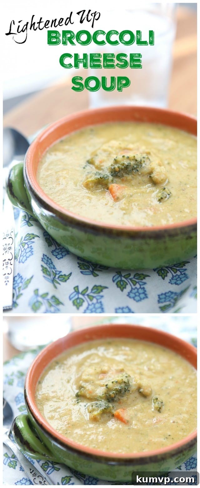 Nutritious and delicious Lightened Broccoli and Cheese Soup in a bowl