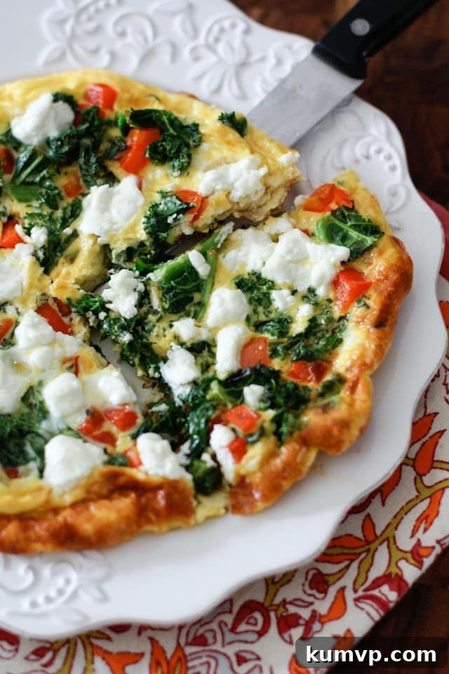 Healthy Kale, Red Pepper and Goat Cheese Frittata - a versatile Aggie's Kitchen recipe for any meal