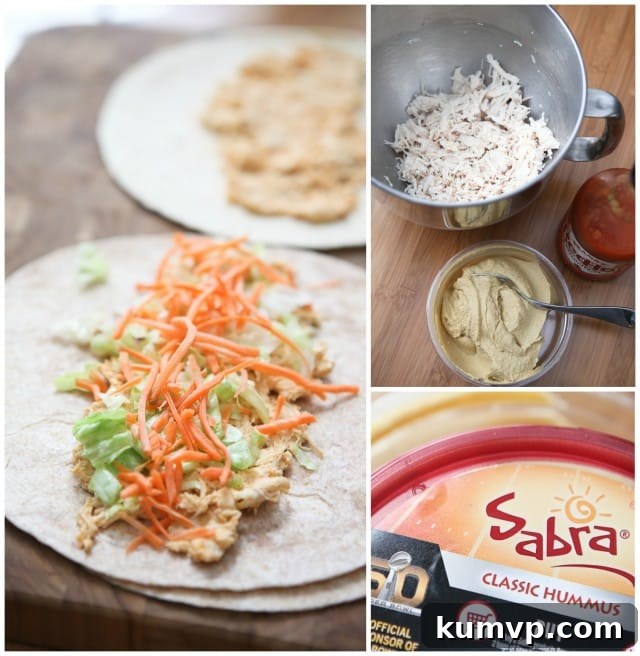 A visual collage showing the preparation of Buffalo Hummus Chicken Salad Roll Ups, featuring a tortilla spread with the chicken salad mix, fresh lettuce, shredded carrots, and individual ingredients like hummus and buffalo sauce.