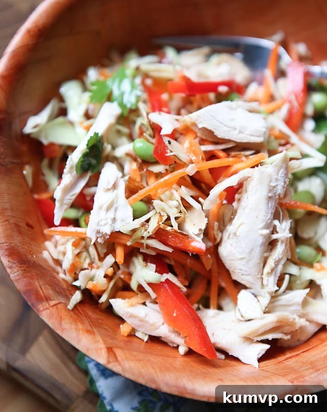 Asian Almond Slaw Salad with Chicken: A Fulfilling and Healthy Lunch A beautifully presented Asian Almond Slaw Salad in a rustic wooden bowl, generously topped with shredded chicken, showcasing its versatility as a full meal