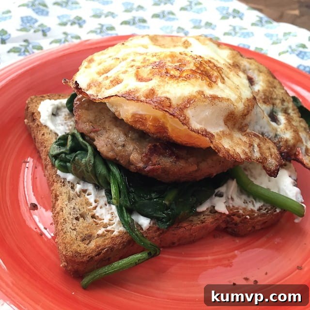 Sprouted Toast with Chive Cream Cheese, Spinach, Sausage & Egg