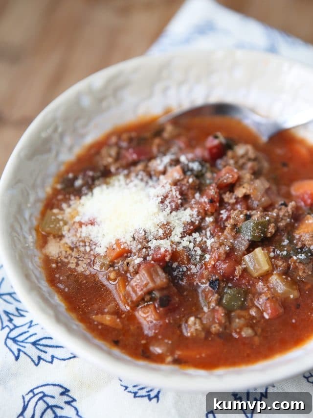 A large bowl of hearty beef and tomato vegetable soup, garnished with freshly grated Parmesan cheese and herbs, showcasing its rich texture and vibrant ingredients.