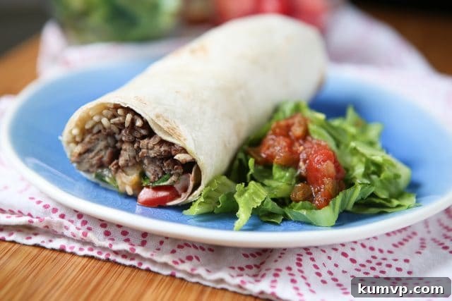 A vibrant plate featuring a delectable turkey and black bean burrito, artfully arranged with fresh romaine lettuce and a generous dollop of salsa