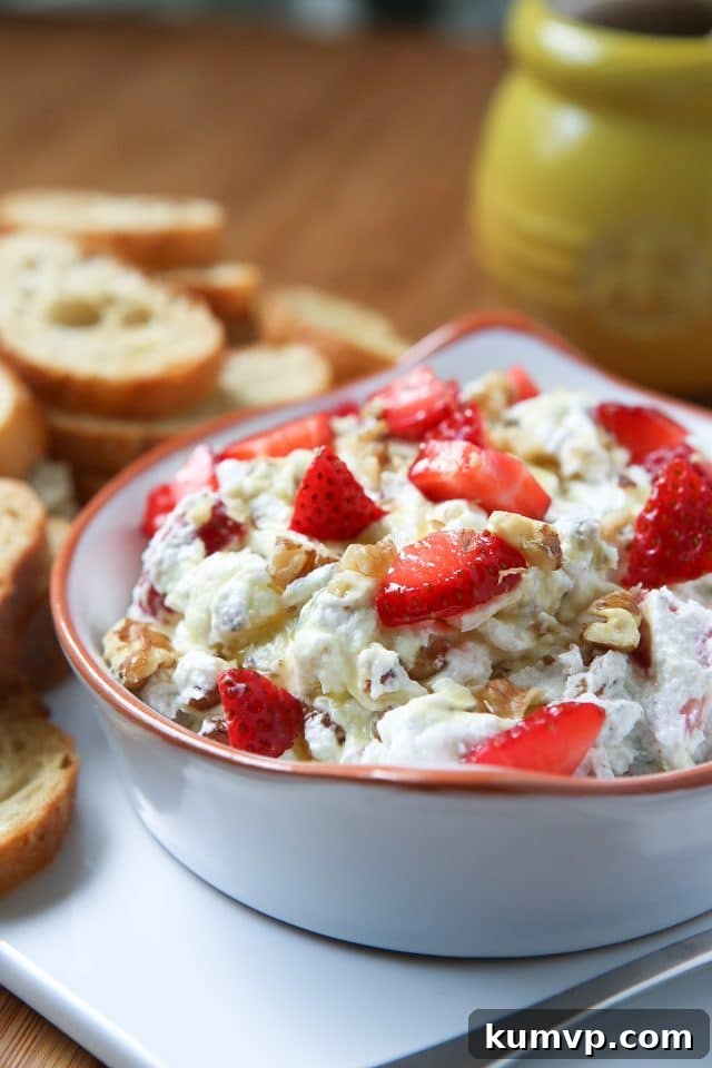 Strawberry Basil Goat Cheese Spread with Walnuts A vibrant bowl of Strawberry Basil Goat Cheese Spread, generously topped with fresh strawberries, aromatic basil, a drizzle of golden honey, and crunchy Fisher Walnuts. Served with crisp baguette slices, perfect for an easy summer appetizer.