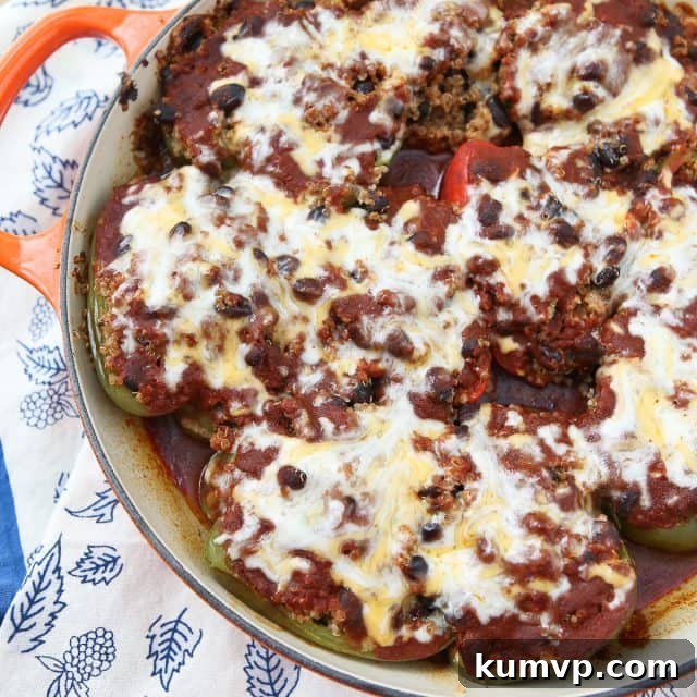 Fiesta Stuffed Bell Peppers 7 Vegetarian Enchilada Stuffed Peppers - the quinoa and black bean filling is so hearty and full of flavor, you won't miss the meat in this dish! recipe via aggieskitchen.com