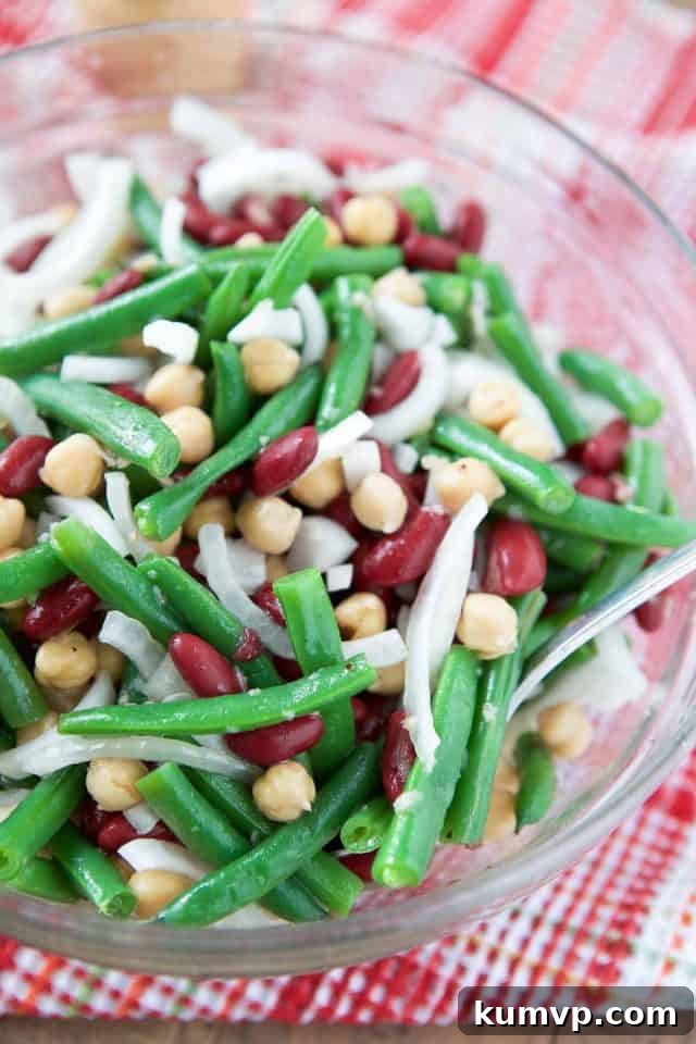 Refreshing Three-Bean Salad with Sweet Vidalia 2 A vibrant three bean salad featuring green beans, garbanzo beans, kidney beans, and thinly sliced Vidalia onions, served in an elegant clear glass bowl, perfect for a summer gathering or barbecue.