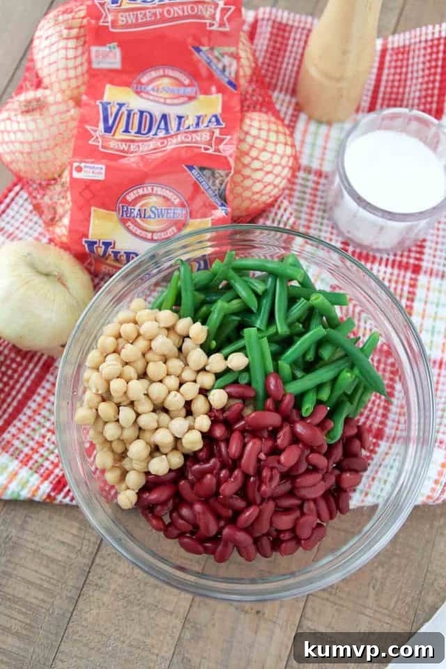 Refreshing Three-Bean Salad with Sweet Vidalia 3 Close-up shot of a colorful three bean salad showing the texture of green beans, garbanzo beans, and kidney beans intermingled with thinly sliced Vidalia onions.