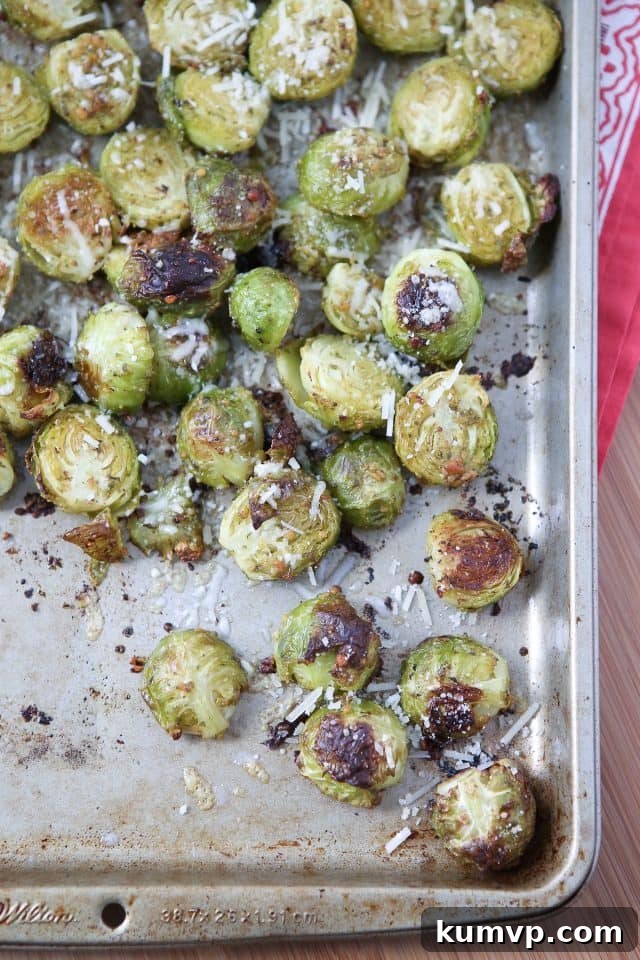 Crispy Pesto Brussels Sprouts 5 Close-up of perfectly roasted Pesto Brussels Sprouts garnished with grated Parmesan cheese on a large baking sheet, ready to serve as a delicious Italian side dish recipe via aggieskitchen.com