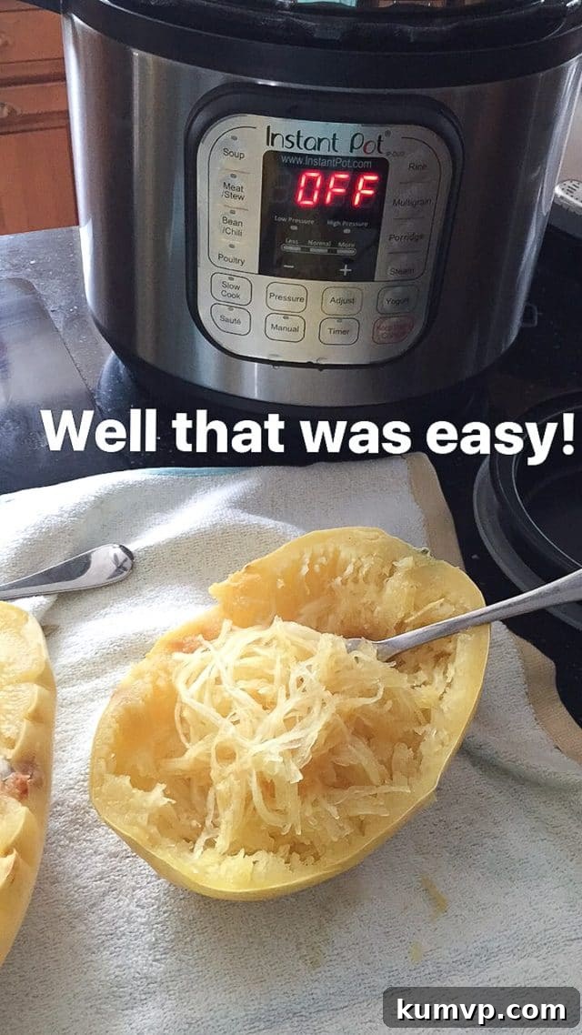 How To Cook Spaghetti Squash in the Instant Pot cooked spaghetti squash on counter with instant pot