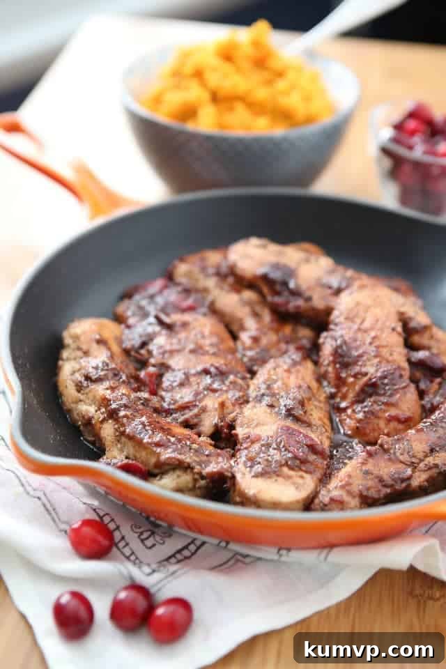 A vibrant Cranberry Balsamic Chicken Skillet, featuring tender chicken strips coated in a glossy, rich sauce with visible cranberries, ready to serve. This healthy, 30-minute one-pan meal is perfect for weeknights.