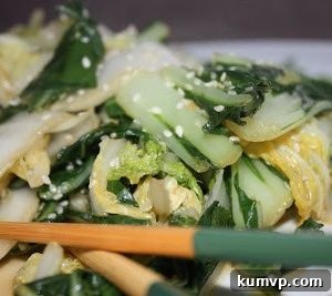 Ellie Krieger's Thursday Menu: Sesame Stir-Fried Chinese Greens 4 A close-up shot of freshly made Sesame Stir-Fried Chinese Greens in a serving bowl.