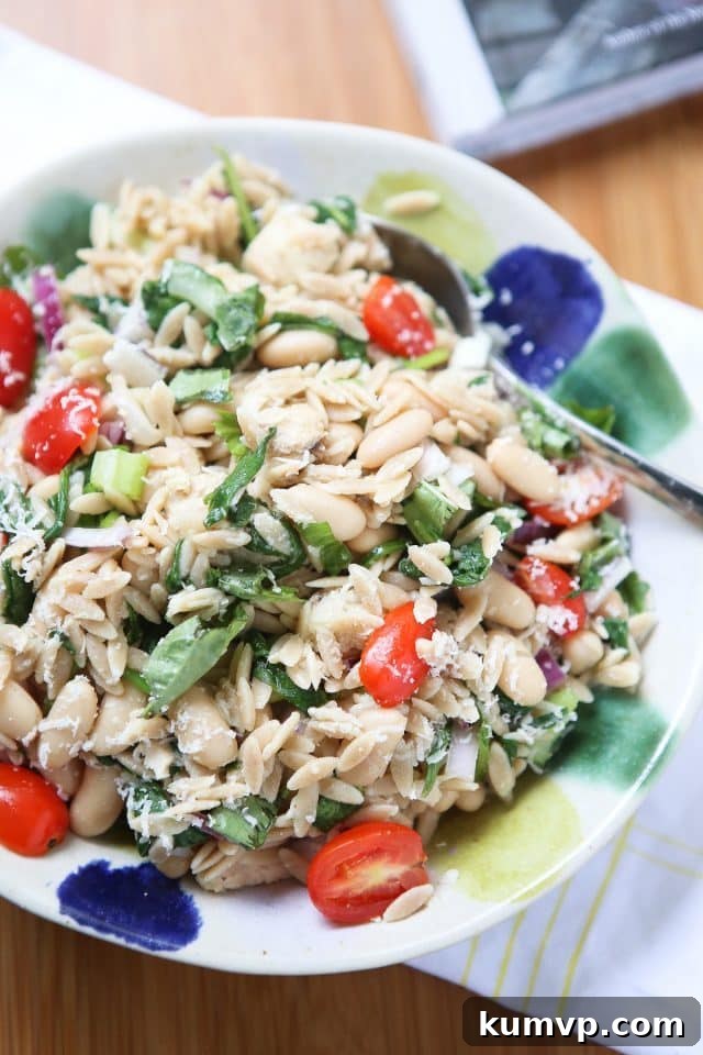 Refreshing Tuna and Orzo Salad with Parmesan and Basil, ideal for light lunches or potlucks