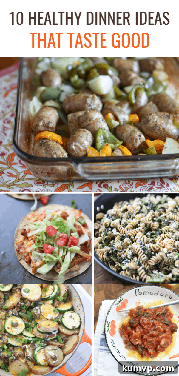 A collage of various healthy dinner ideas including sausage, peppers and potatoes, tostadas, pesto pasta, zucchini and beef skillet, and spaghetti squash with mushroom sauce, appealing to families seeking flavorful and easy weeknight meals.
