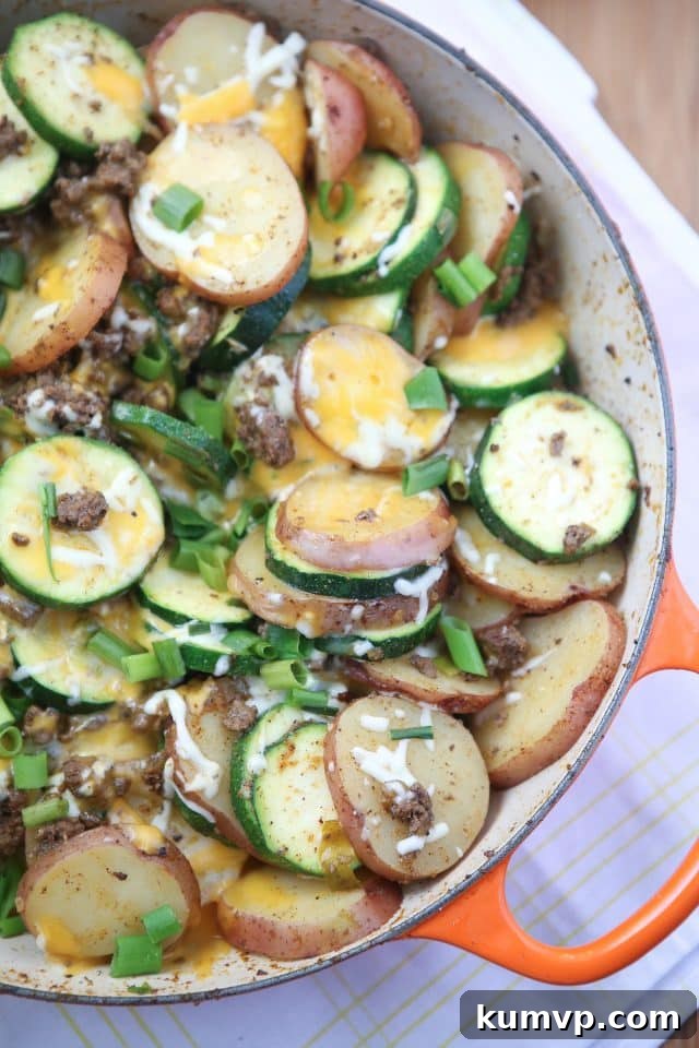 This Cheesy Southwest Beef and Potato Skillet dinner is a lifesaver for weeknights! This easy one-pan meal is hearty, flavorful, and perfect for busy families. Recipe via aggieskitchen.com