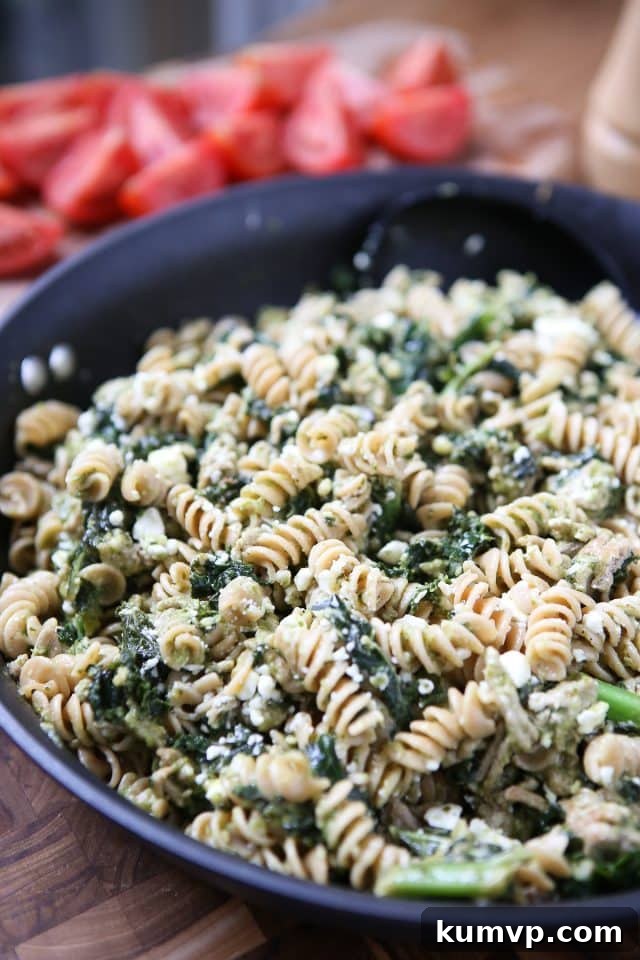 This Pesto Pasta with Turkey and Kale is a super easy weeknight meal that will get your kids eating kale! Hearty, healthy, and quick recipe via aggieskitchen.com