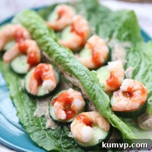 Shrimp and Hummus Lettuce Wraps are great for quick lunches or dinners - only 263 calories per serving and 21 grams of protein! Great low carb meal if you are trying to lose weight.
