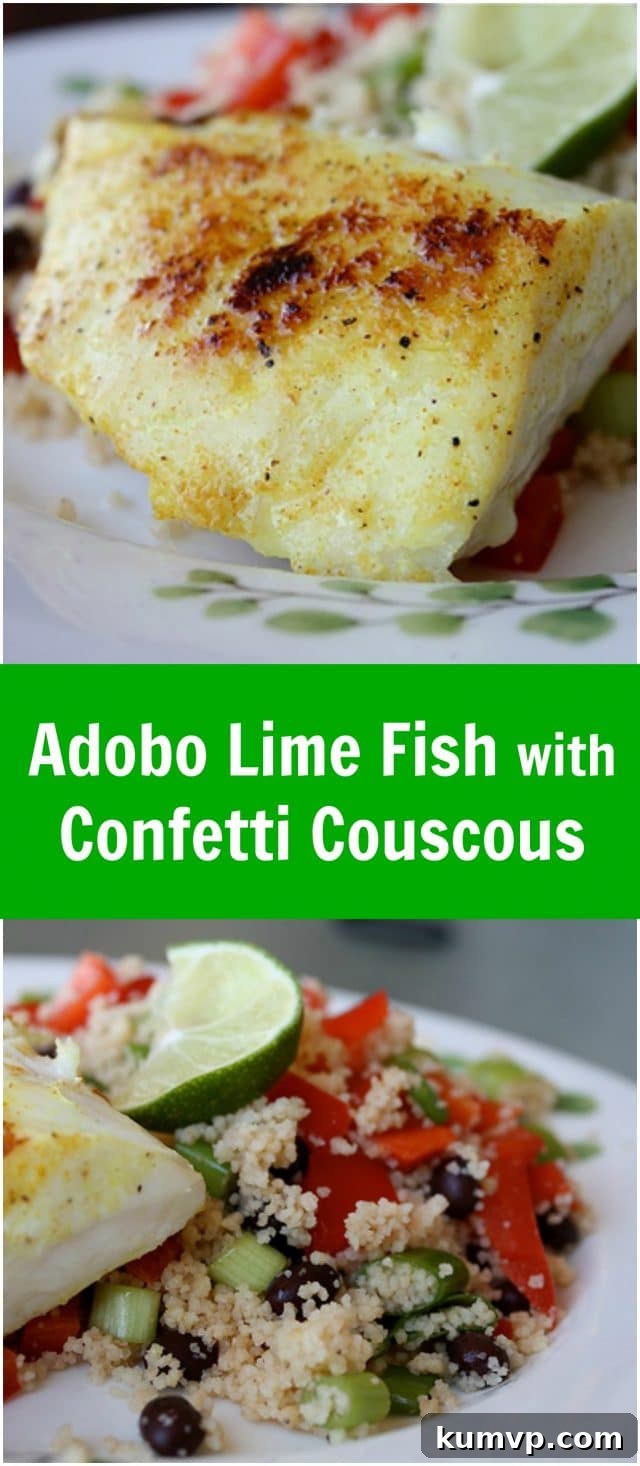 Close-up of a beautifully seared Adobo Red Snapper fillet resting on a vibrant bed of Confetti Couscous, garnished with fresh herbs and lime wedges, emphasizing the dish's freshness and flavor.