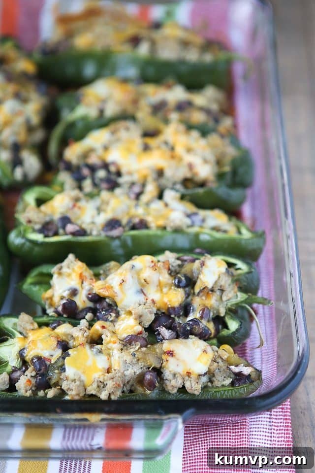 5-Ingredient Stuffed Poblano Peppers with Ground Turkey and Black Beans Glass baking pan with beautifully arranged poblano peppers, generously stuffed with a savory mixture of lean ground turkey and black beans, all topped with perfectly melted cheese.