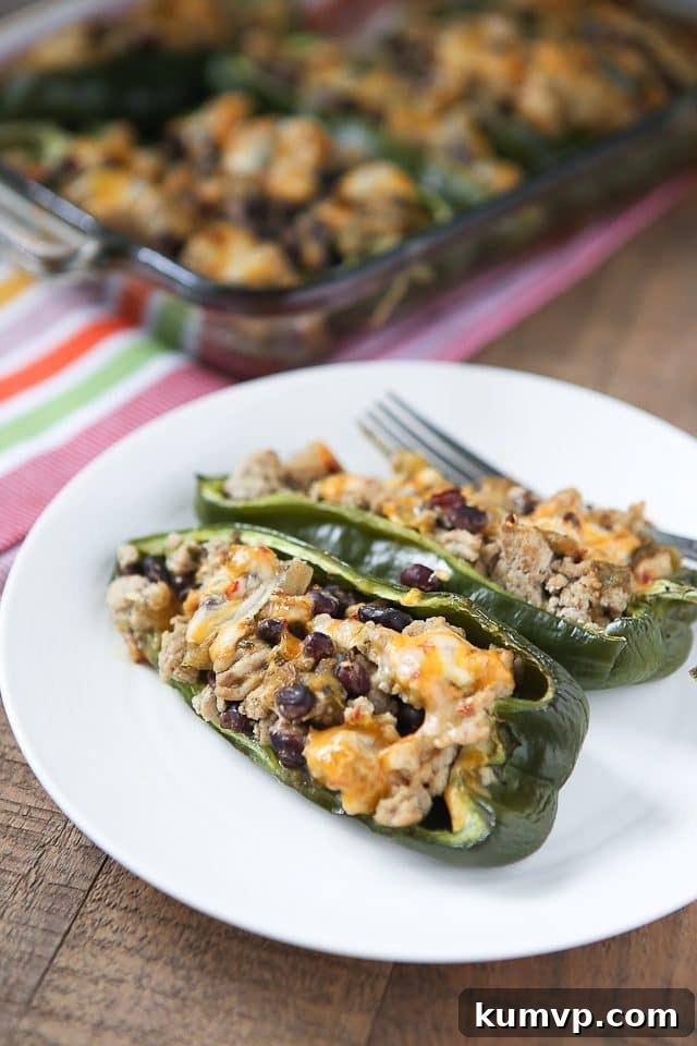 Simple 5 Ingredient Turkey Black Bean Stuffed Poblano Peppers 2 A close-up shot of two halves of stuffed poblano peppers, showcasing the rich turkey and black bean filling, topped with golden, melted cheese, highlighting the simplicity and deliciousness of this 5-ingredient recipe.