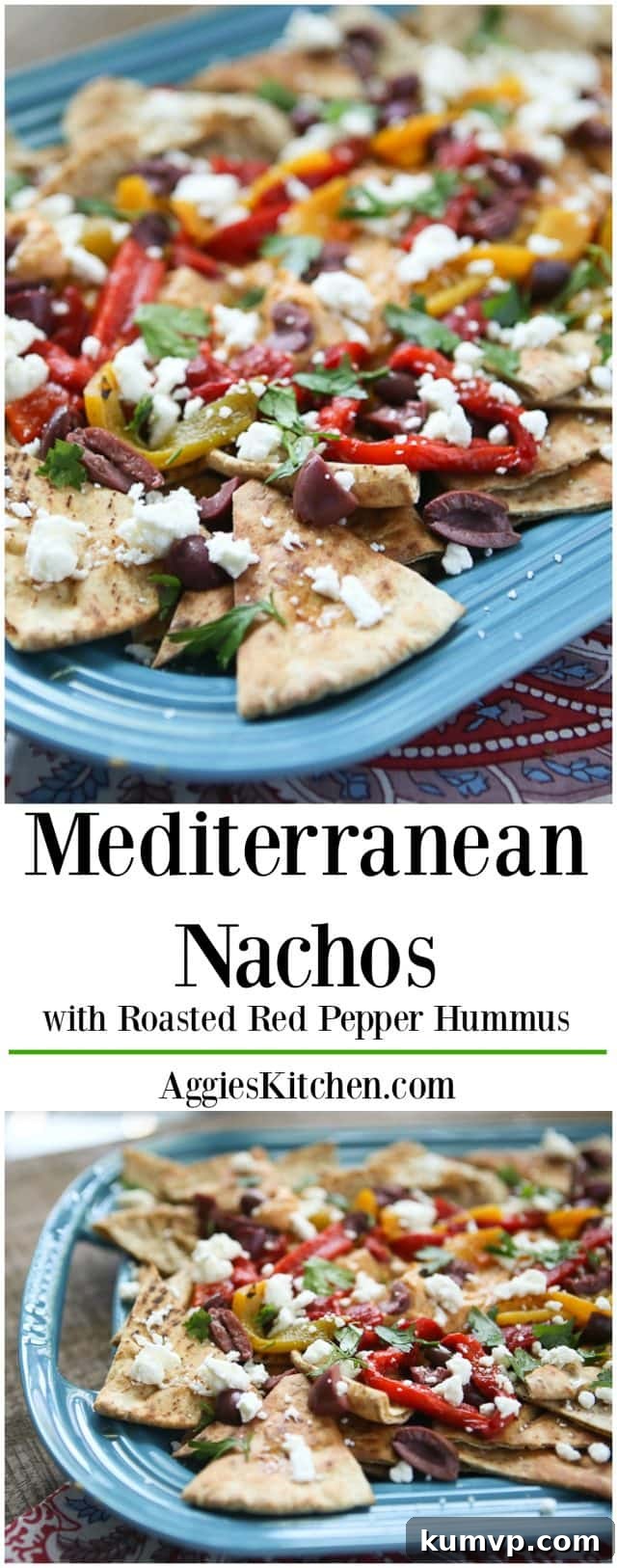 Full platter of Mediterranean Nachos with Roasted Red Pepper Hummus, illustrating a delicious and healthy appetizer.