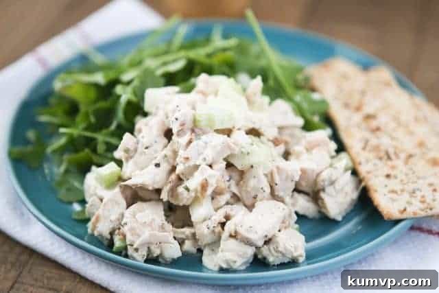 A vibrant plate of Grilled Lemon Pepper Chicken Salad with Greek Yogurt, served over fresh spinach and alongside crispy crackers.