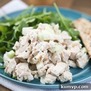 Grilled Lemon Pepper Chicken Salad with Greek Yogurt, served over greens with crackers.