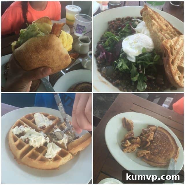 Bud and Alley's Brunch: A Seaside Culinary Delight A delicious brunch spread at Bud and Alley's in Seaside, featuring a Scrambled Eggs & Cherrywood Bacon Sandwich, Poached Eggs & Lentils, Belgium Waffle with Whipped Ricotta, and Sweet Potato Pancakes.
