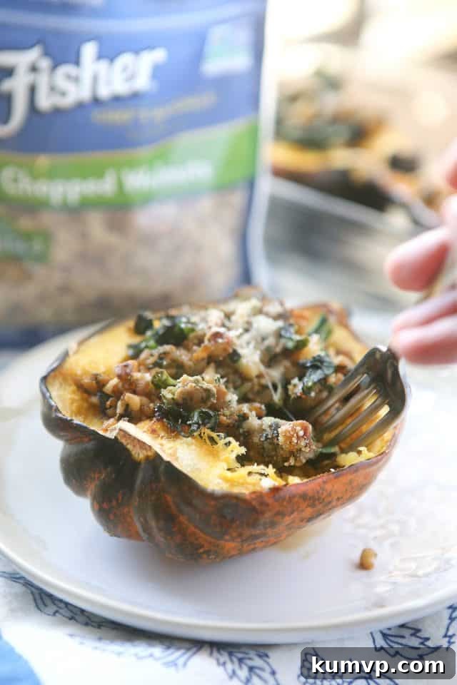 Stuffed Acorn Squash, a delicious and wholesome vegetarian main or side dish for fall and winter.
