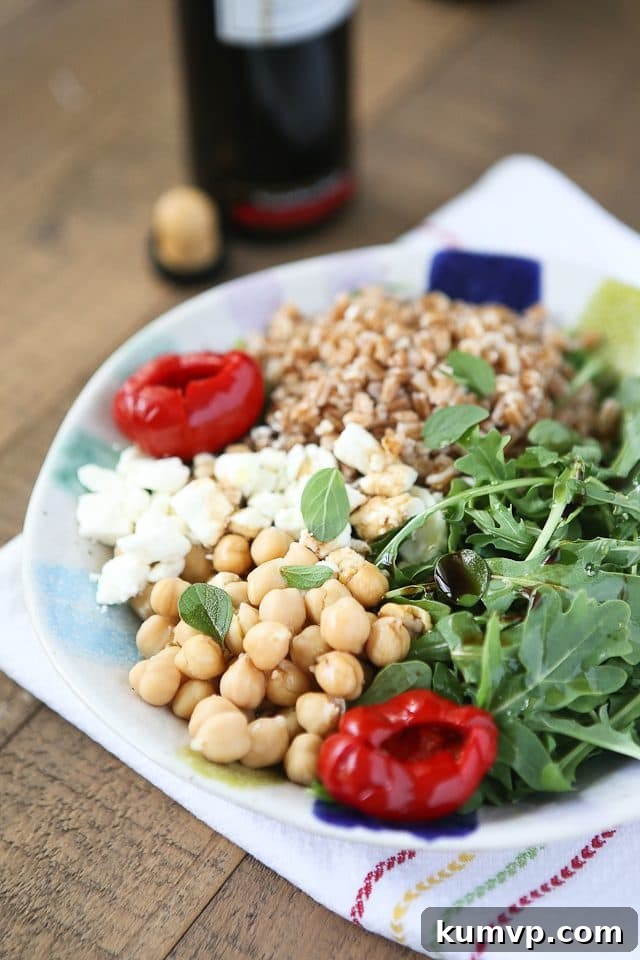 Mediterranean Farro Salad with Arugula and Chickpeas, a delightful and wholesome grain salad perfect for meal prep.