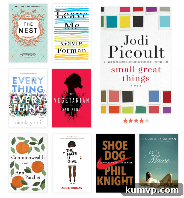 Book collage of 2017 reads, featuring The Nest and Small Great Things