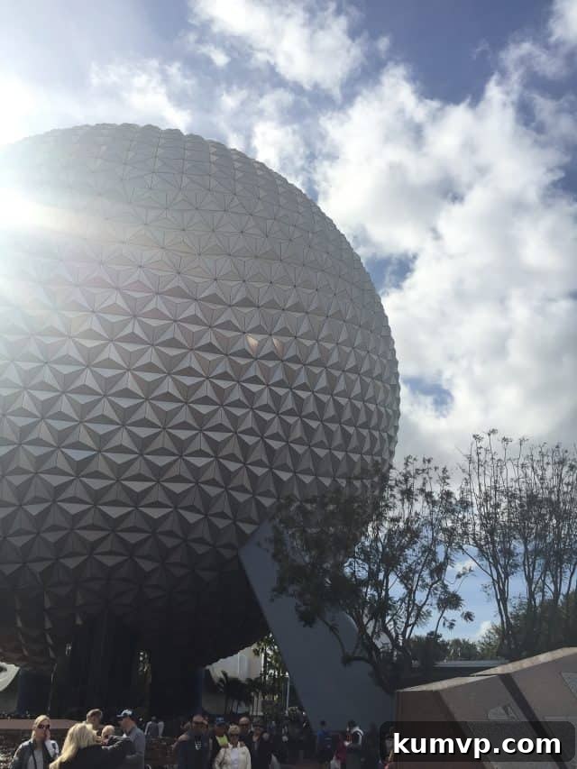 Epcot Global Arts Celebration 2018 19 Epcot's Spaceship Earth illuminated during Festival of the Arts