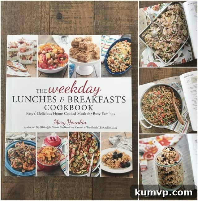 photo collage of Weekday Lunches & Breakfasts Cookbook plus 3 photos of recipes from inside book