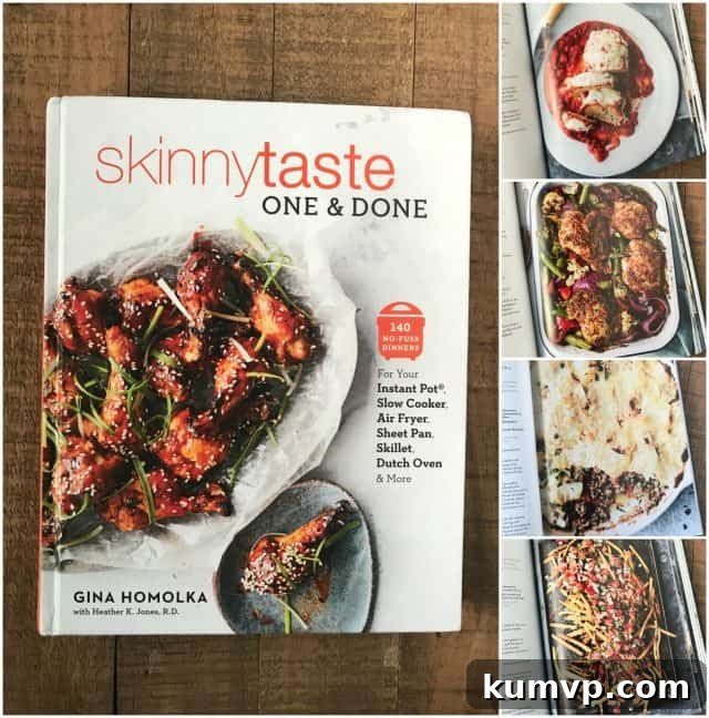 Skinnytaste One & Done: Healthy One-Pan Recipes A compelling photo collage displaying the cover of the Skinnytaste One & Done Cookbook alongside four mouth-watering recipe photographs from its pages, showcasing a variety of easy and healthy meals achievable with a single cooking vessel.